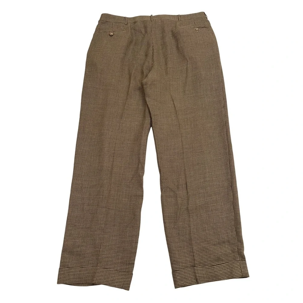 VTG Polo Ralph Lauren Trousers 42 Brown Houndstooth Pleated Cuffed Made in Italy